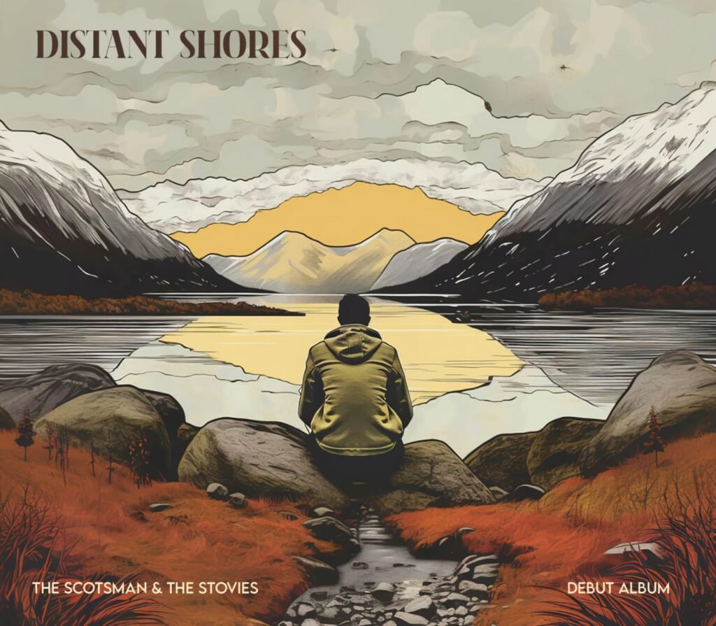 Distant Shores Album Cover showing a man looking out over loch lomond in pen art style